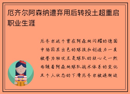 厄齐尔阿森纳遭弃用后转投土超重启职业生涯