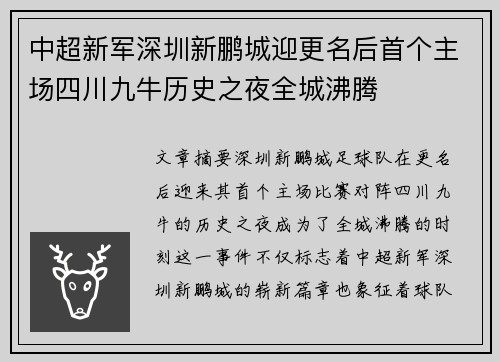 中超新军深圳新鹏城迎更名后首个主场四川九牛历史之夜全城沸腾